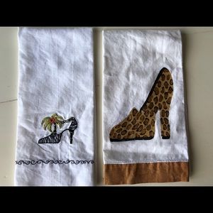 White Linen Guest Towels with High Heel Designs